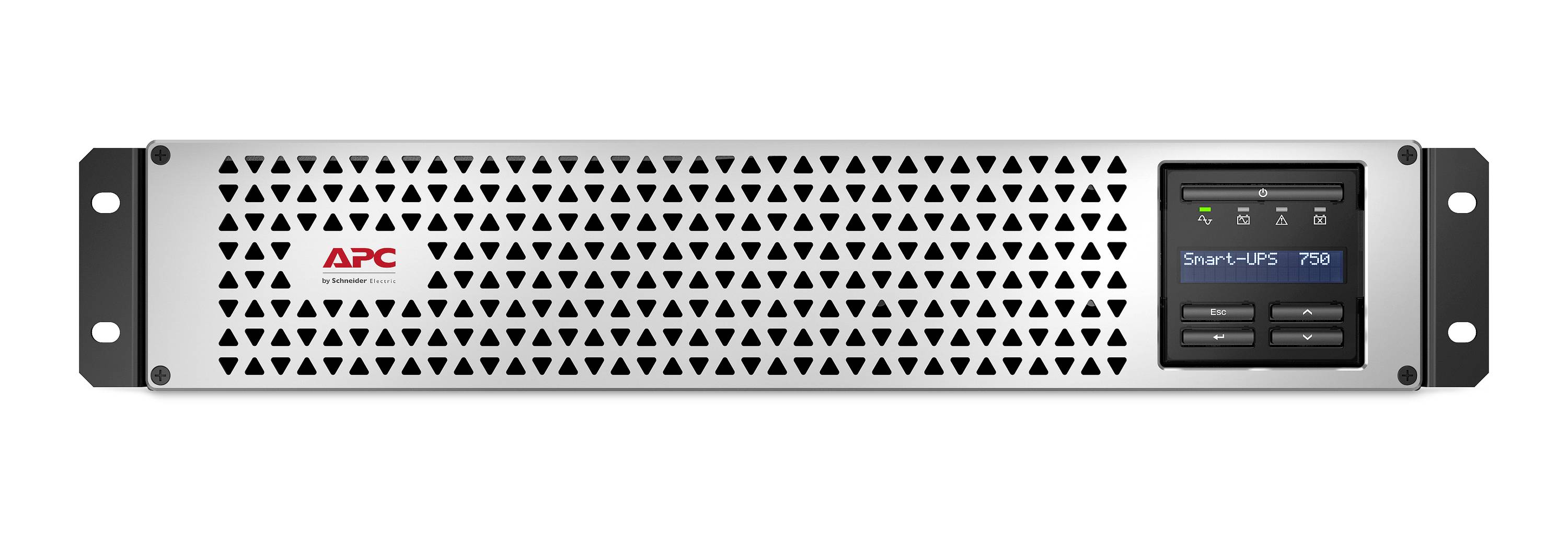 Vorderansicht einer APC Smart-UPS 750 Rackmount-Unterbrechungsfreie Stromversorgung mit belüftetem Bedienfeld, LCD-Display und Befestigungsöhren.