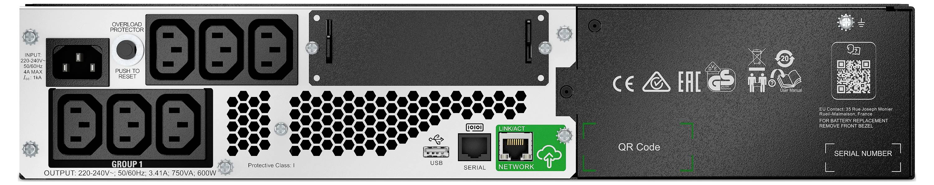 Rückseite einer Stromversorgungseinheit mit AC-Eingangsbuchsen, Belüftungslöchern, Ethernet- und USB-Anschlüssen sowie einem QR-Code auf der rechten Seite.