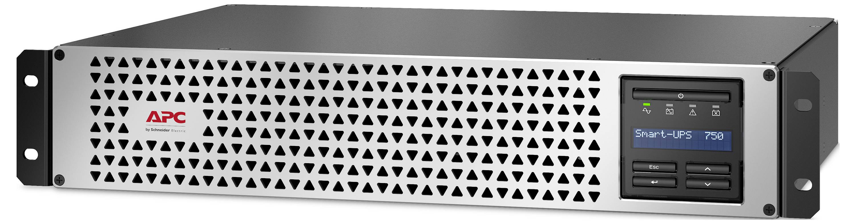 Frontansicht einer APC Smart-UPS 750 Rack-Mount-Stromversorgung mit unterbrechungsfreier Stromversorgung, perforiertem Metallfront-Panel und LCD-Statusanzeige.
