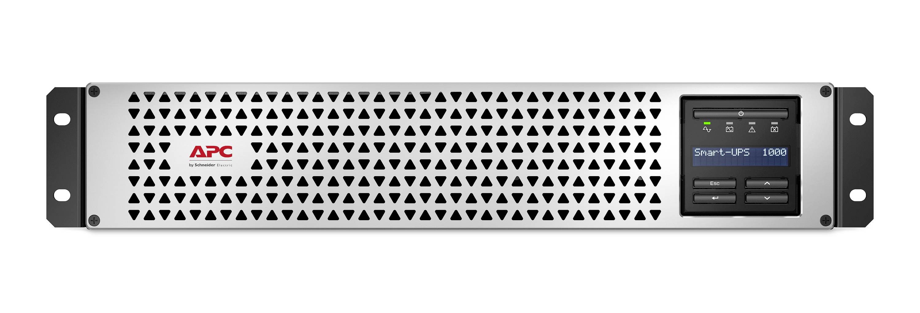 Vorderansicht einer APC Smart-UPS 1500 Rack-Backup-Stromversorgungseinheit mit perforierter silberner Blende, schwarzen Seitengriffen und einem kleinen Statusdisplay auf der rechten Seite.