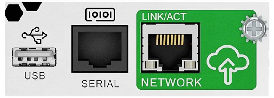 Anschlussdiagramm mit USB-, Seriell- und Netzwerkanschlüssen, wobei der Netzwerkanschluss grün hervorgehoben ist und mit 