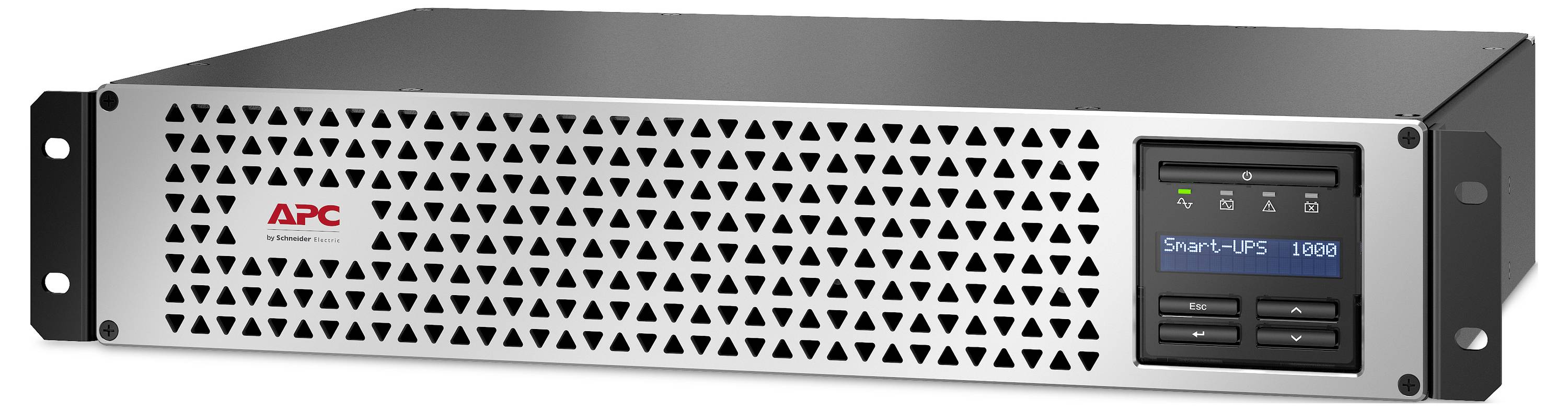 Frontansicht eines APC Smart-UPS 1000 Rack-montierten Stromausfallschutzsystems mit perforierter silberner Frontplatte und kleinem Statusdisplay.