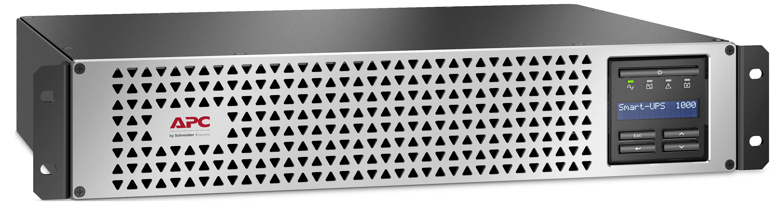 APC Smart-UPS 1000 Rack-Mount-Stromversorgung mit Batterieicherung mit frontaler Anzeige und Bedientasten auf weißem Hintergrund