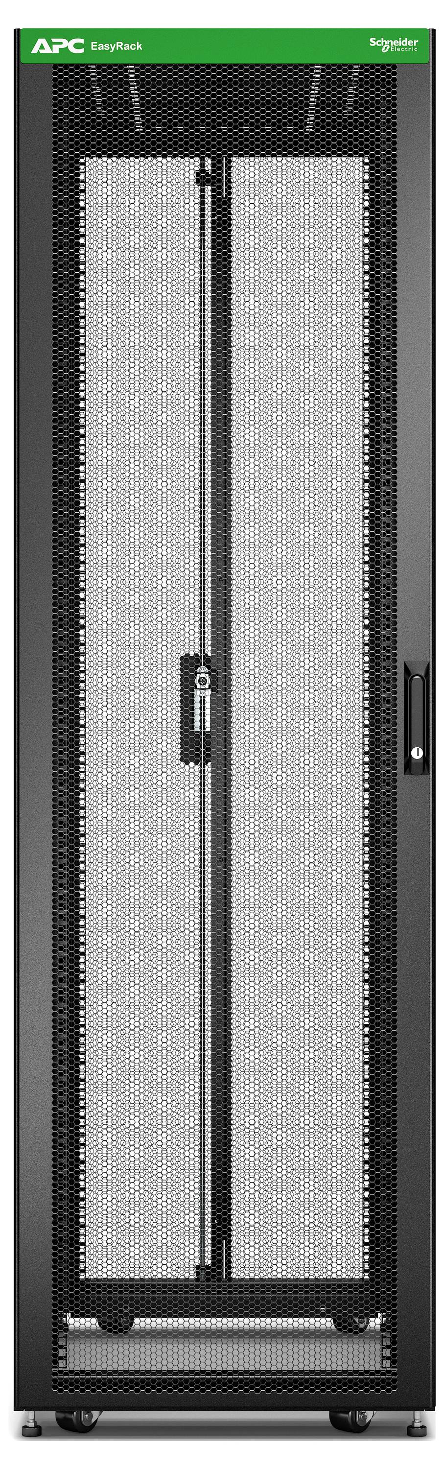 Frontansicht eines schwarzen APC Easy Rack Serverschranks mit perforierten Gittertüren und einem vertikalen Mittenverschlussgriff.