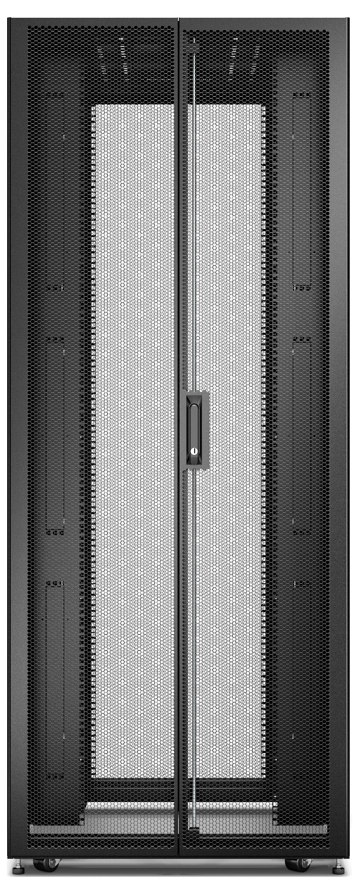 Schwarzer Server-Rack-Schrank mit Glastüren vorne und Mesh-Seitenpaneelen auf Rollen, geschlossen dargestellt