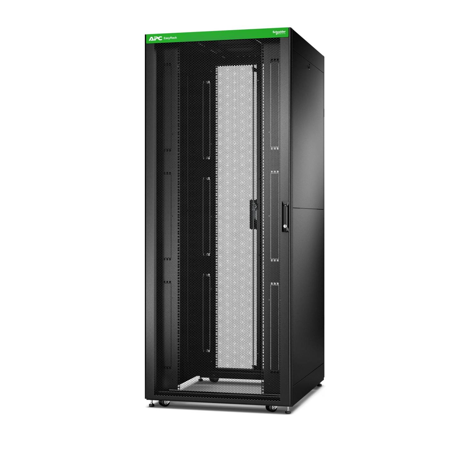 Schwarzer APC-Serverrack-Schrank mit belüfteter Frontür, dargestellt auf weißem Hintergrund.