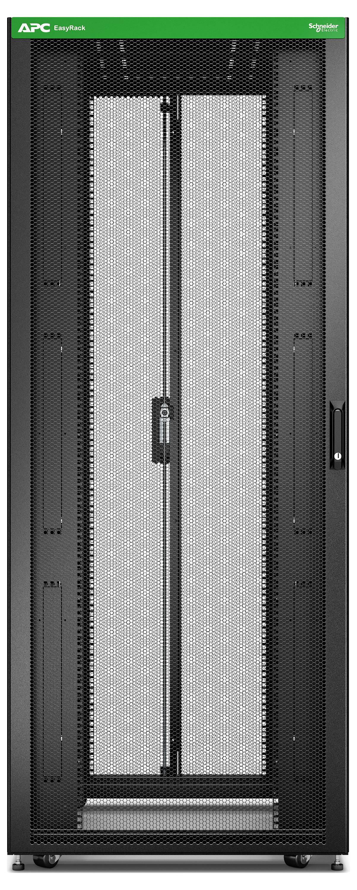 Vorderansicht eines hohen schwarzen APC-Serverschrank-Gehäuses mit perforierten Türen, gezeigt geschlossen auf Rädern.
