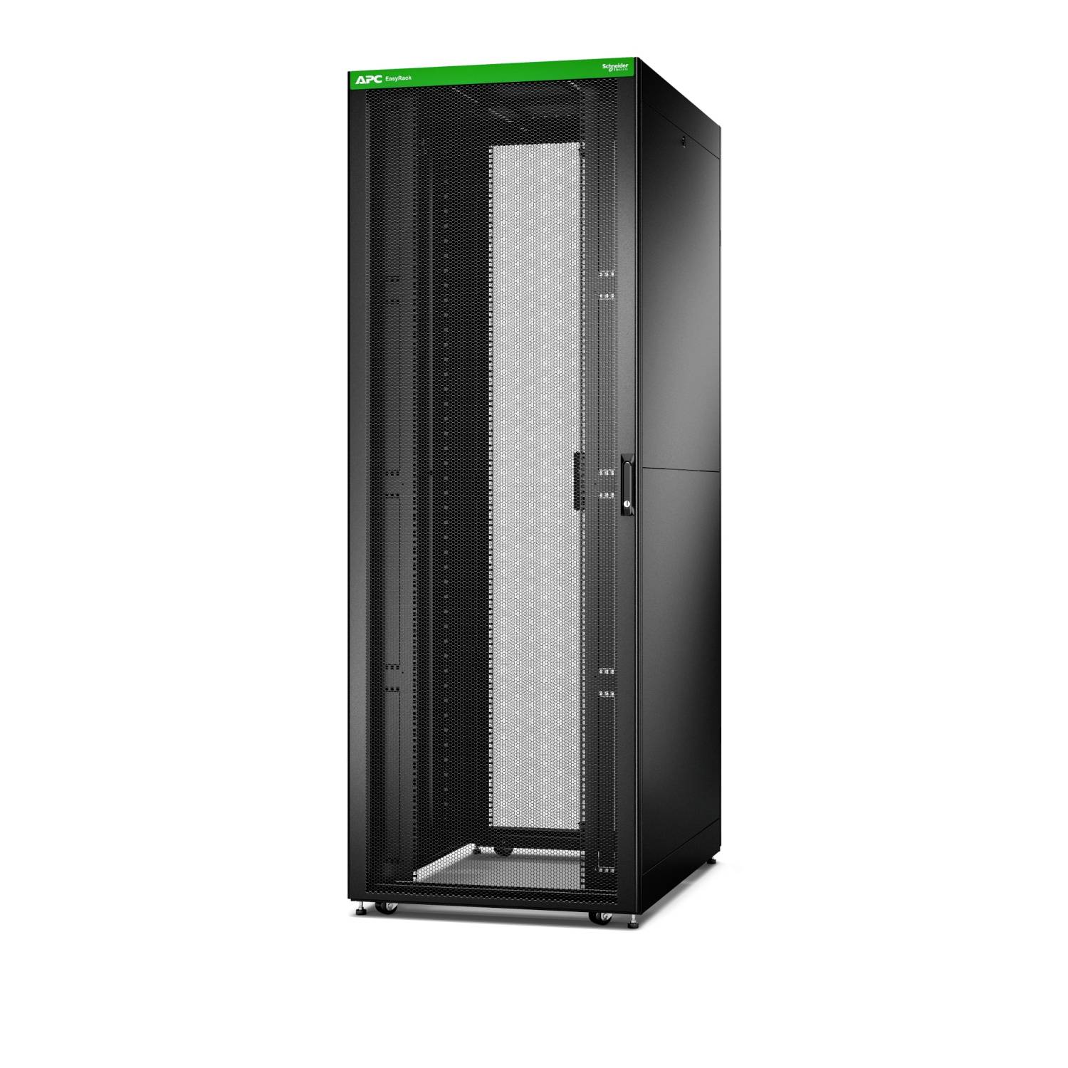 Schwarzes APC-Serverrack-Schrank mit perforierter Vordertür, shown auf weißem Hintergrund.