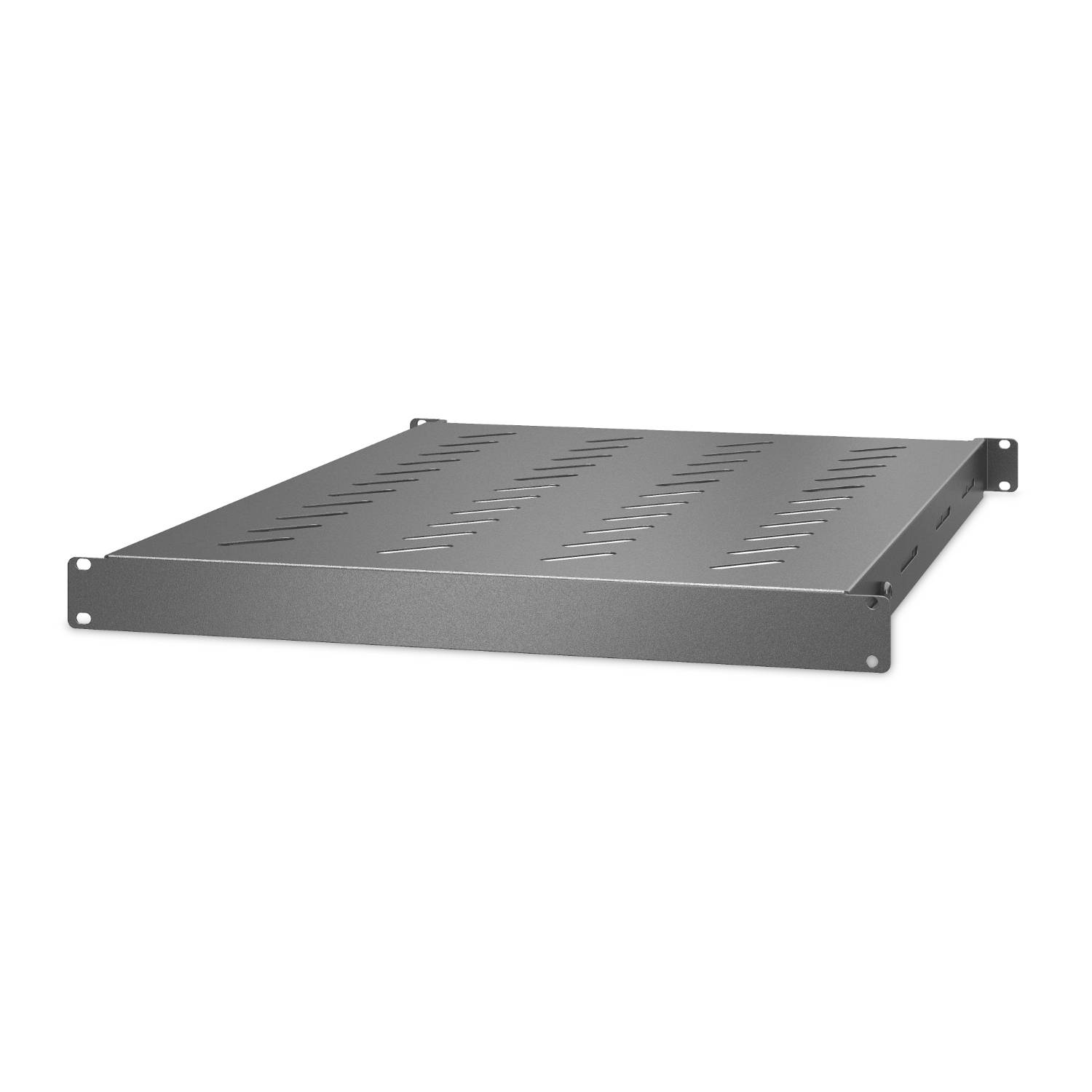 Graues Metall-Rack-Server-Gehäuse mit belüftetem Oberpanel und vorderen Montageohrmuscheln, vor weißem Hintergrund abgebildet.