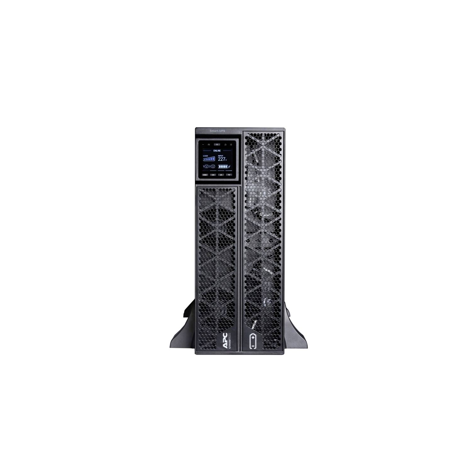 Frontansicht eines schwarzen APC-Tower-USV-Systems (unterbrechungsfreie Stromversorgung) mit digitalem Display und belüfteten Gitterfeldern.