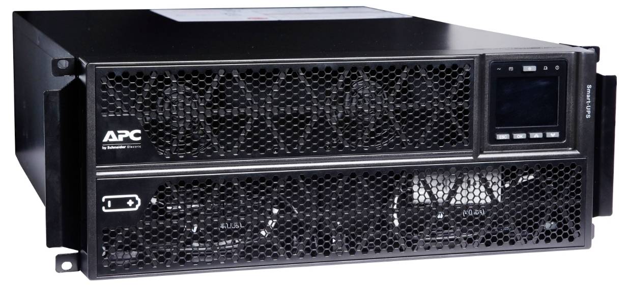 APC-Rack-montiertes unterbrechungsfreies Stromversorgungssystem mit perforierten Frontplatten und einem kleinen Statusdisplay auf der rechten Seite.