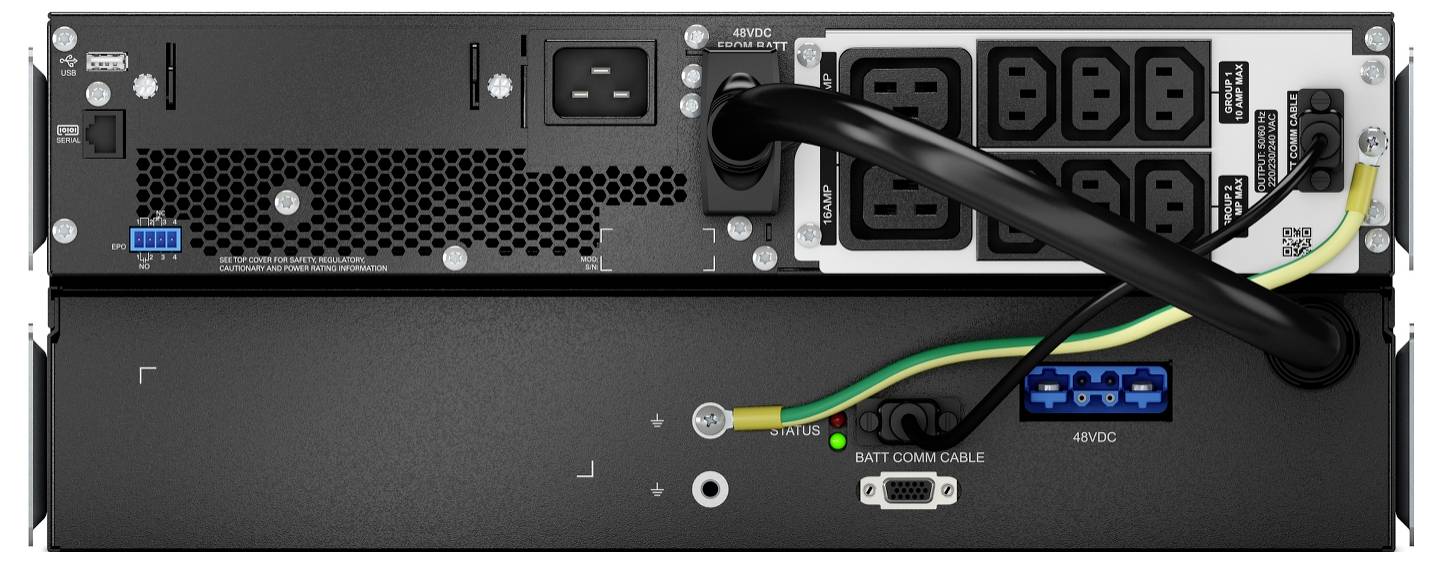 Zwei übereinander gestapelte USV-Stromversorgungsmodule von hinten dargestellt, mit sichtbaren AC-Steckdosen, Stromkabeln, Batteriekommunikationskabel und Statusanzeigen.