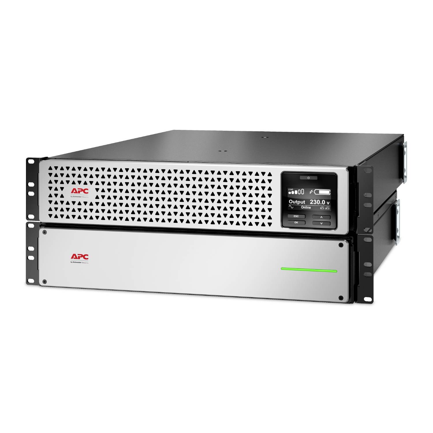 Zwei gestapelte APC-Rack-Stromversorgungsgeräte mit vorderen Displays, auf weißem Hintergrund dargestellt.