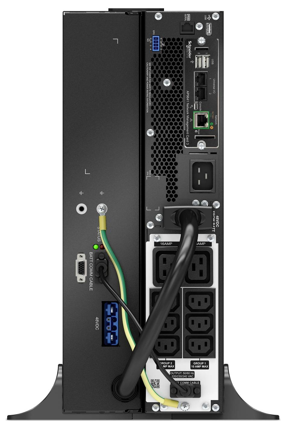 Rückansicht eines Desktop-PC-Gehäuses mit Netzteil, Belüftung, USB-, Ethernet- und Audioanschlüssen sowie verbundenen Kabeln.