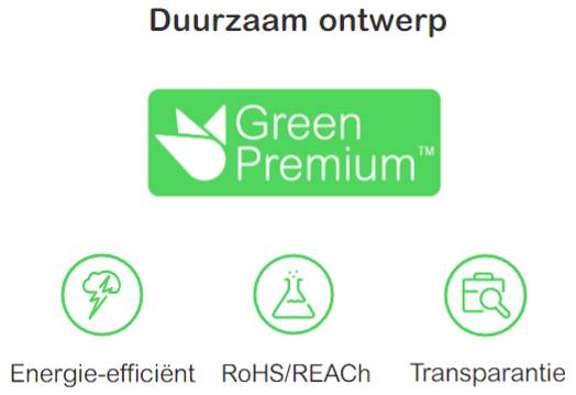 Grünes Premium-Nachhaltigkeitsabzeichen mit drei Symbolen mit den Beschriftungen „Energieeffizient