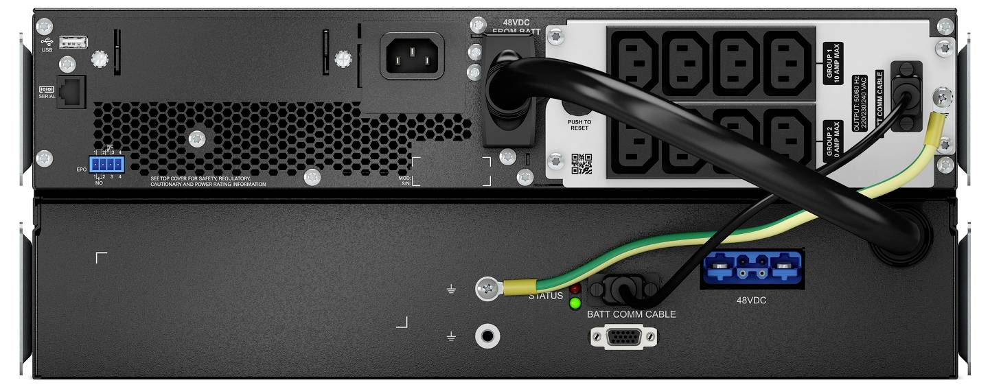 Rückansicht einer Rack-Mount-Stromversorgungseinheit mit AC-Eingang, Kabelanschlüssen und Status-LEDs auf der Rückseite.