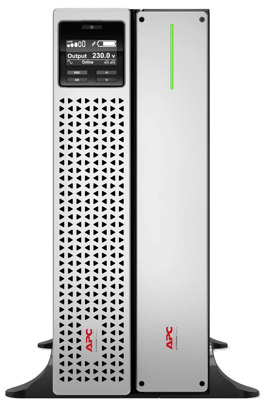 APC-unterbrechungsfreie Stromversorgung mit Frontdisplay, das eine Ausgangsleistung von 230,0 V anzeigt, und einer vertikalen grünen Statusleuchte.