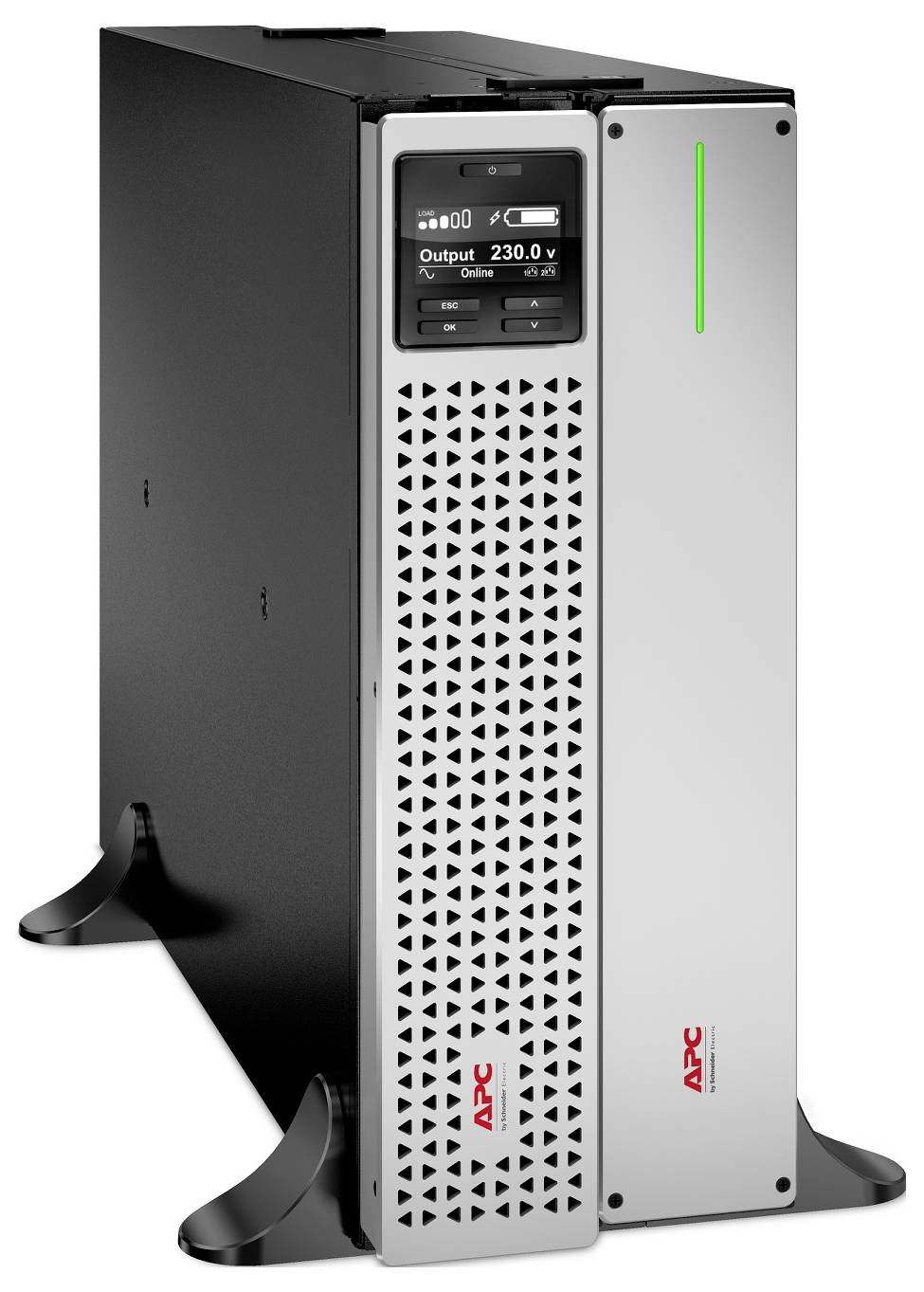 Frontansicht einer schwarzen und silbernen USV (Unterbrechungsfreie Stromversorgung) mit LCD-Display, das 