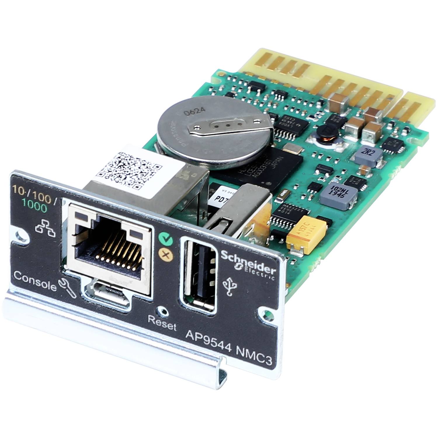 Schneider Electric AP9544 NMC3 Netzwerkverwaltungskarte mit Ethernet-, USB-, Konsolen- und Reset-Anschlüssen