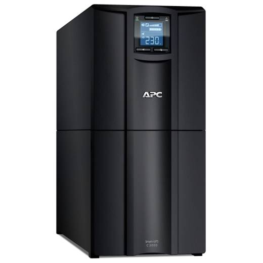 Schwarze APC Smart-UPS Tower-Batteriestromversorgung mit digitaler Anzeige, die 230V anzeigt.