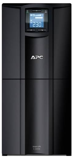 Vorderansicht einer schwarzen APC Smart-UPS Batterie-Backup-Einheit mit einem blauen digitalen Display, das 230 anzeigt.