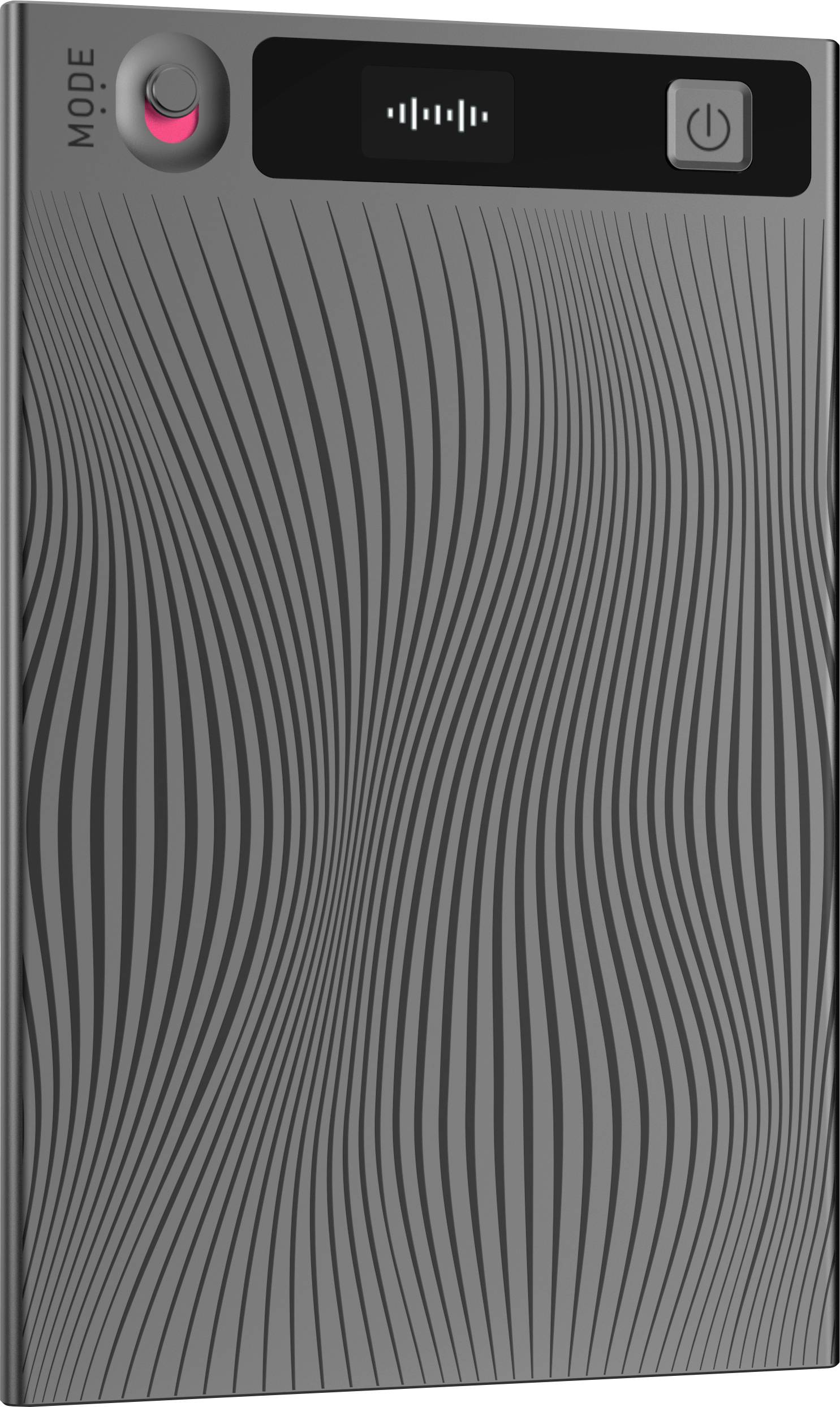 Ein schlankes schwarzes tragbares Gerät mit einer gewellten strukturierten Vorderseite, Modustaste, Anzeigesymbol und Stromschalter oben.
