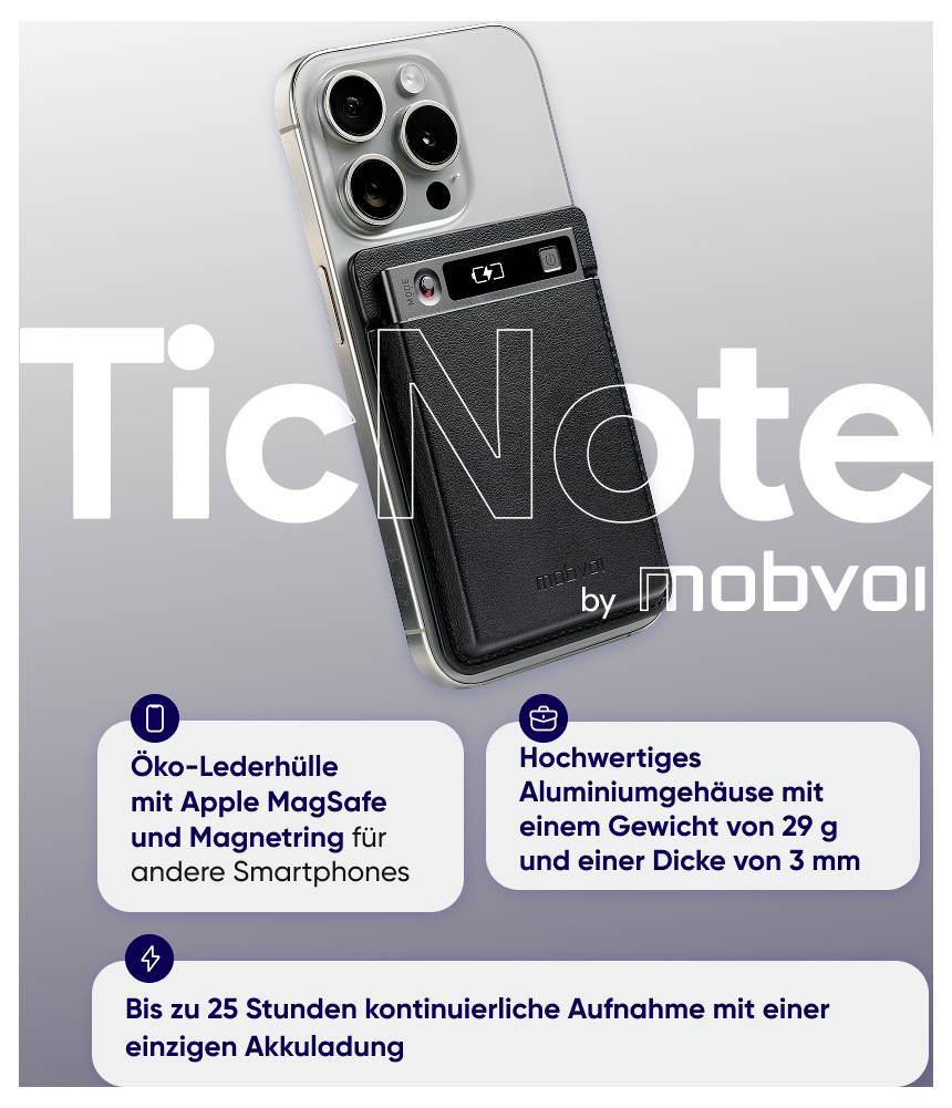 Werbegrafik für das TicNote von nobvoi: Smartphone-Ansteckgerät mit Lederhülle und Aluminiumgehäuse; nennt MagSafe, Gewicht 29 g, 3 mm Dicke und bis zu 25 Stunden Aufnahme.