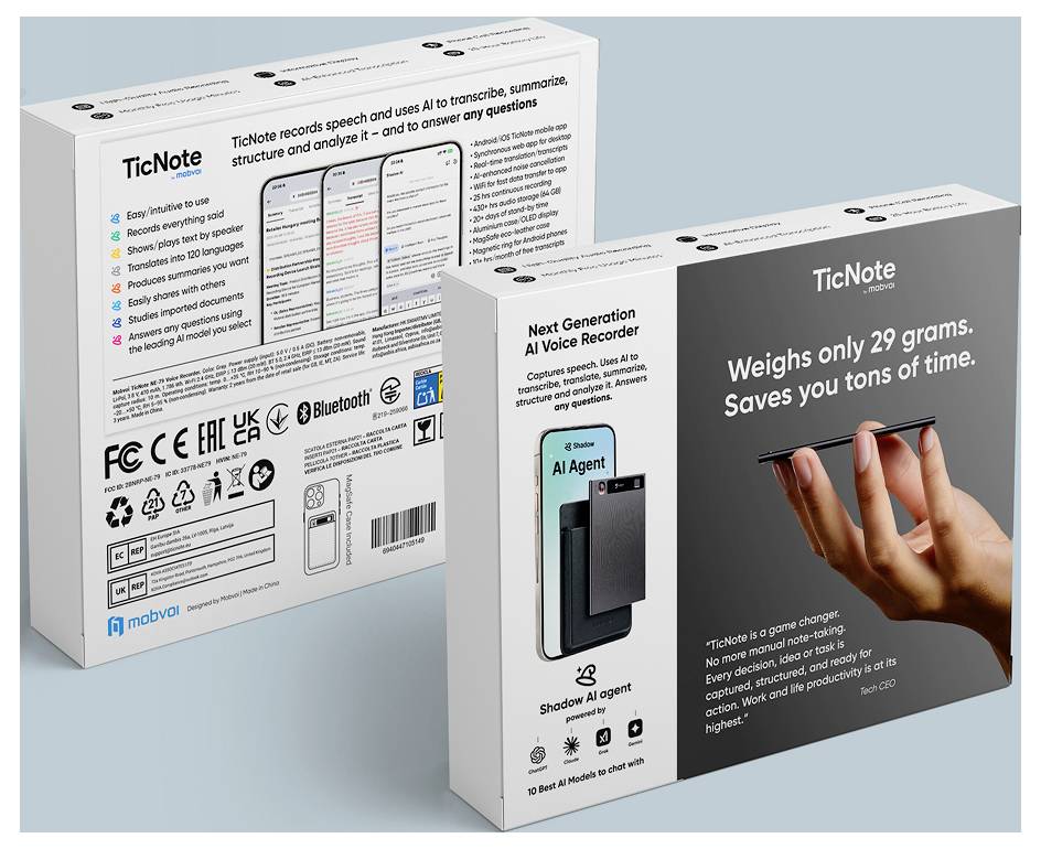 Zwei TicNote-Verpackungen: links Rückseite mit Produktinfos und Logos, rechts Vorderseite mit dem Slogan 'Weighs only 29 grams. Saves you tons of time.'