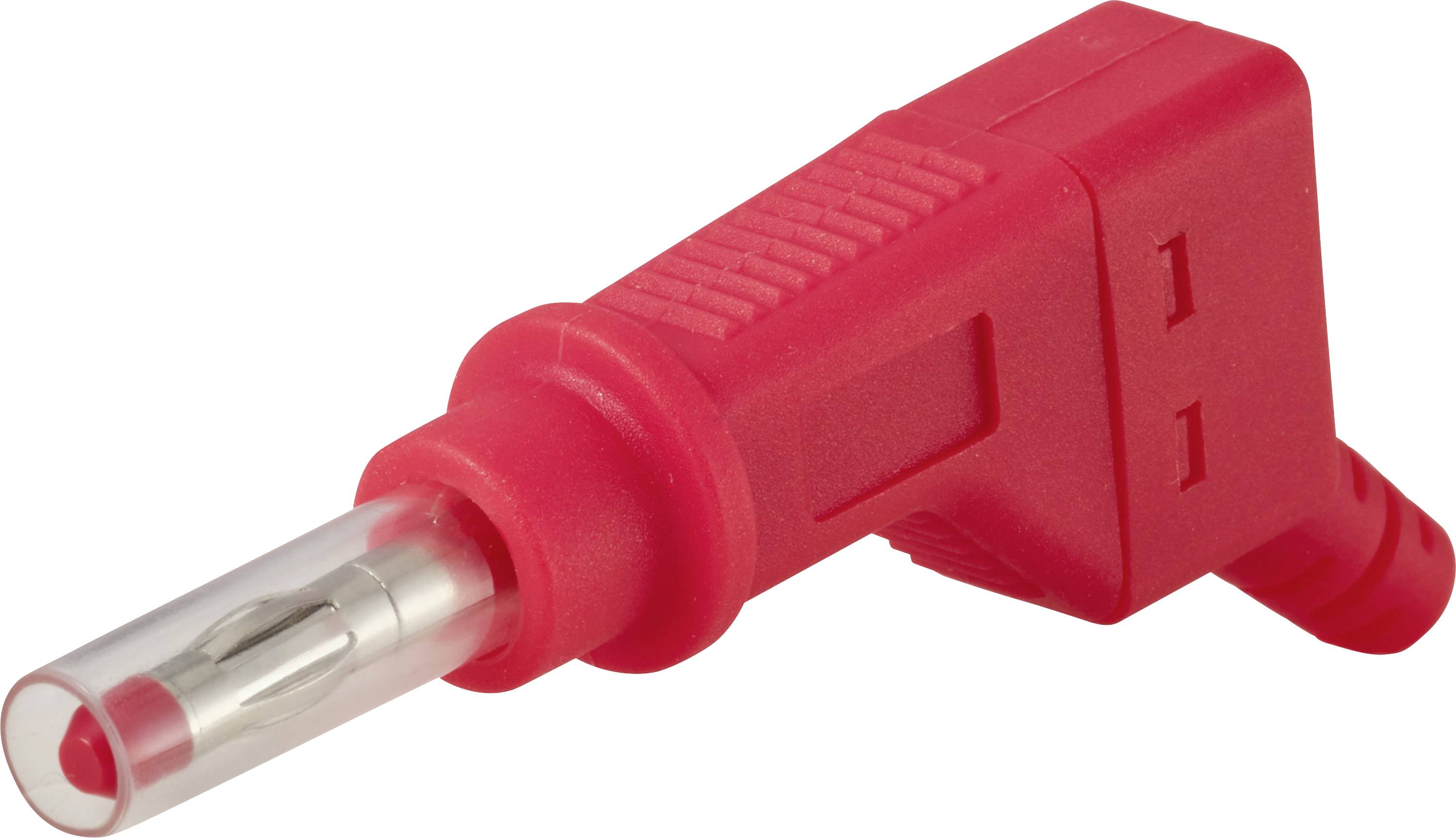 Roter isolierter Bananenstecker mit Metalltip, gezeigt vor weißem Hintergrund.