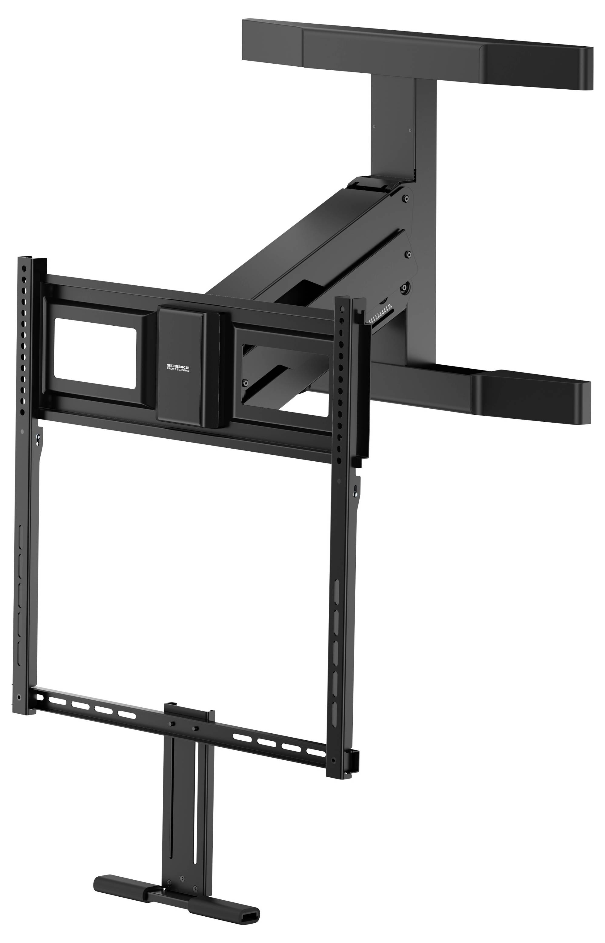 Schwarze motorisierte Deckenhalterung für Fernseher mit verstellbarer vertikaler Halterung und Rahmen für ein Flachbildschirm-Display.