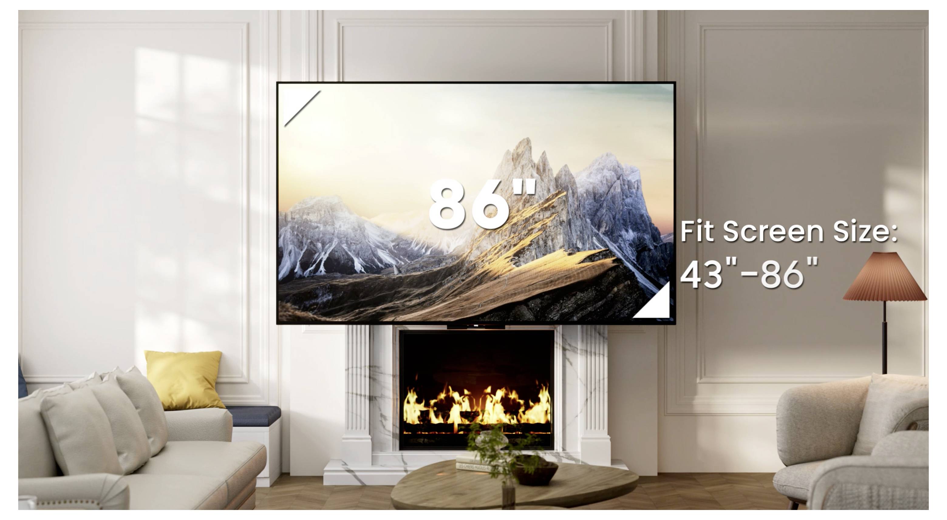 Wohnzimmer mit an der Wand montiertem Fernseher über einem Kamin, auf dem 