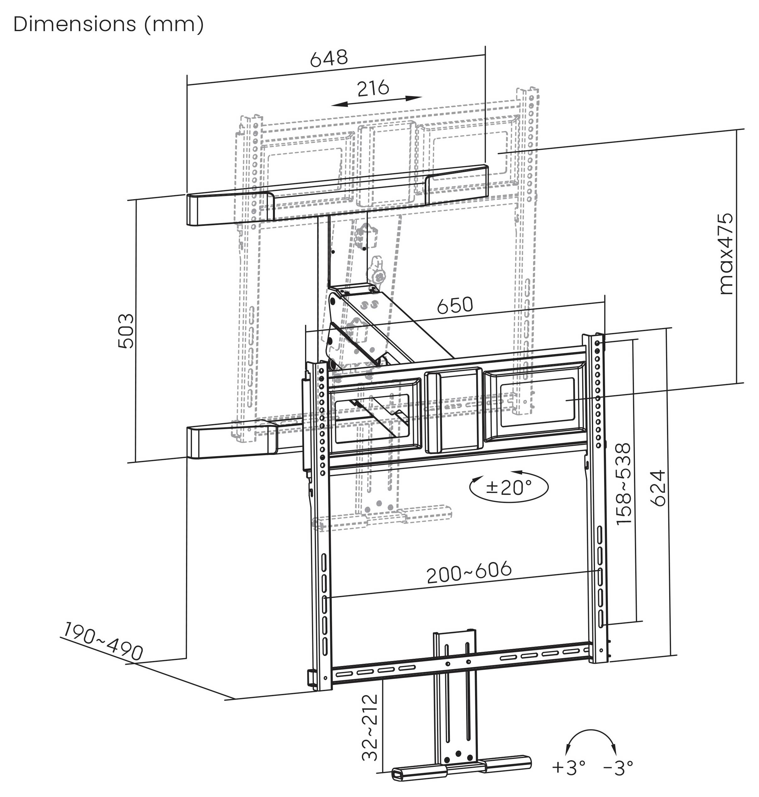 Technisches Maßstabdiagramm einer TV-Wandhalterung mit einstellbaren Halterungspositionen und Abmessungen in mm, einschließlich Neigungsbereich ±20° und 3° Einstellung.