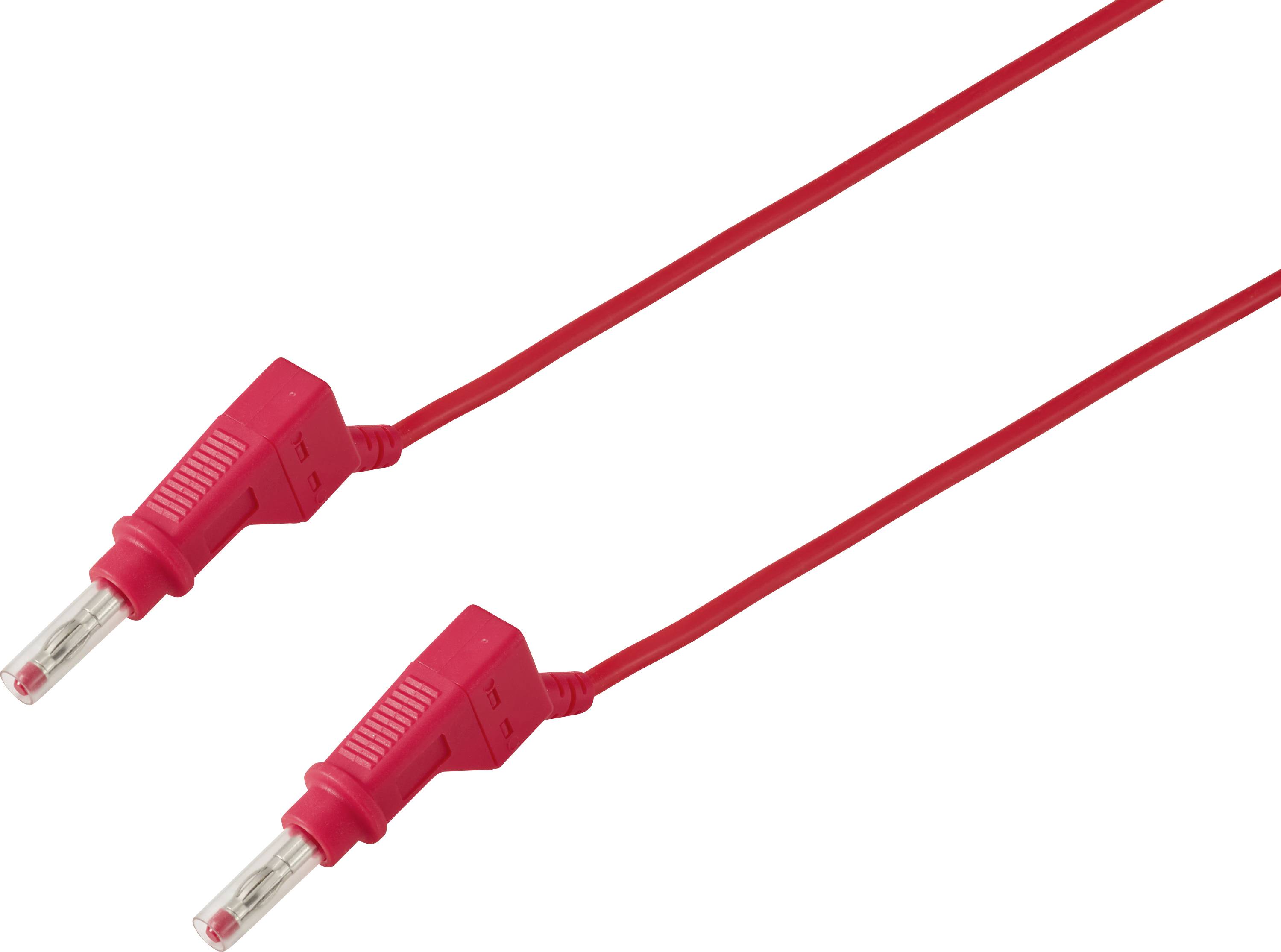 Zwei rote Bananenstecker-Testleitungen mit Metalltips auf weißem Hintergrund.