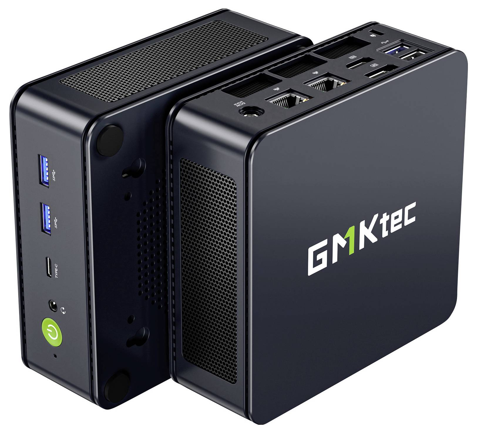 Zwei kompakte schwarze GMKtec Mini-PCs nebeneinander gezeigt, mit USB-Anschlüssen und Lüftungsöffnungen auf den Vorder- und Oberflächen sichtbar.