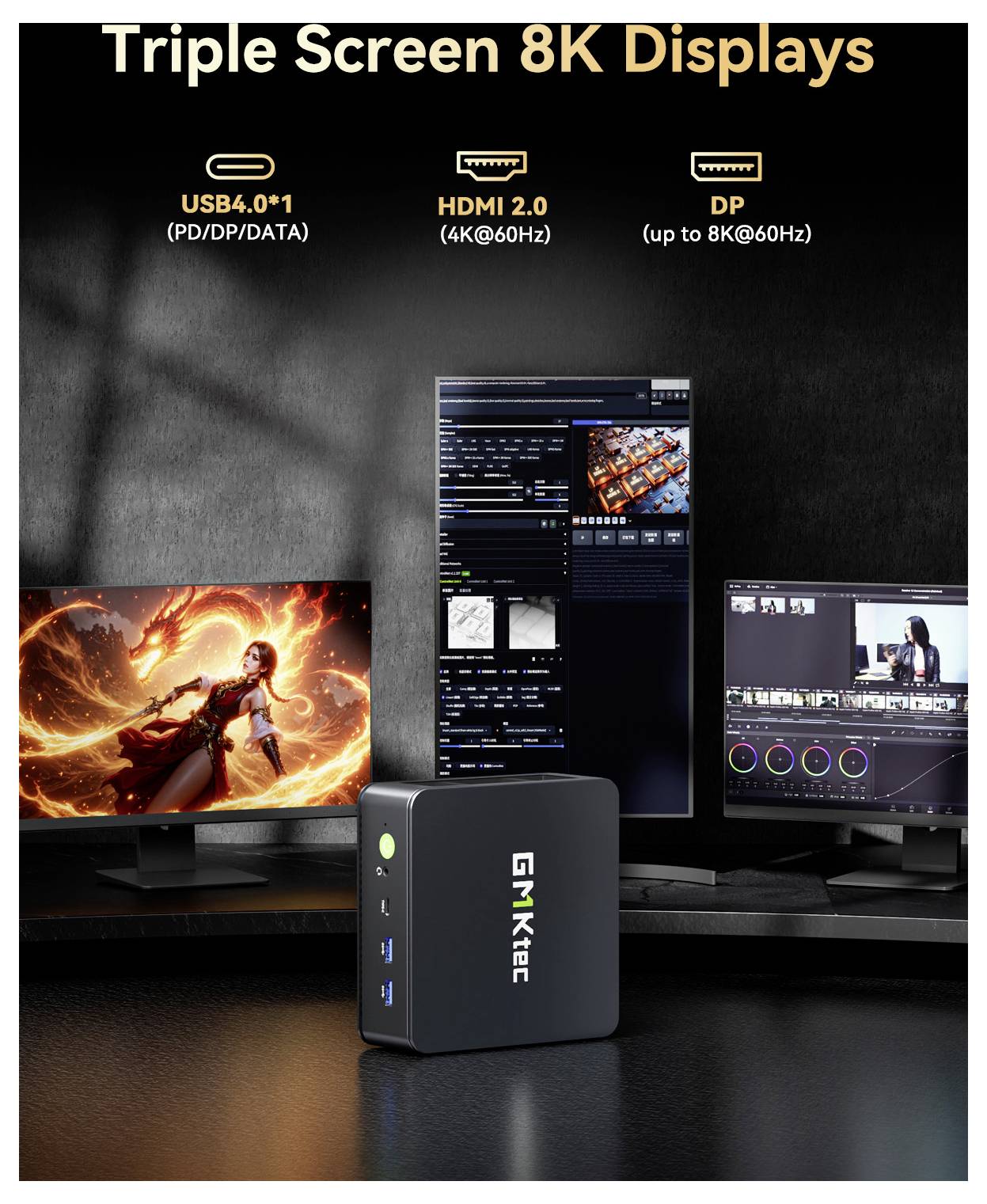 Werbegrafik für einen GEEKOM Mini-PC mit dem Text „Triple Screen 8K Displays