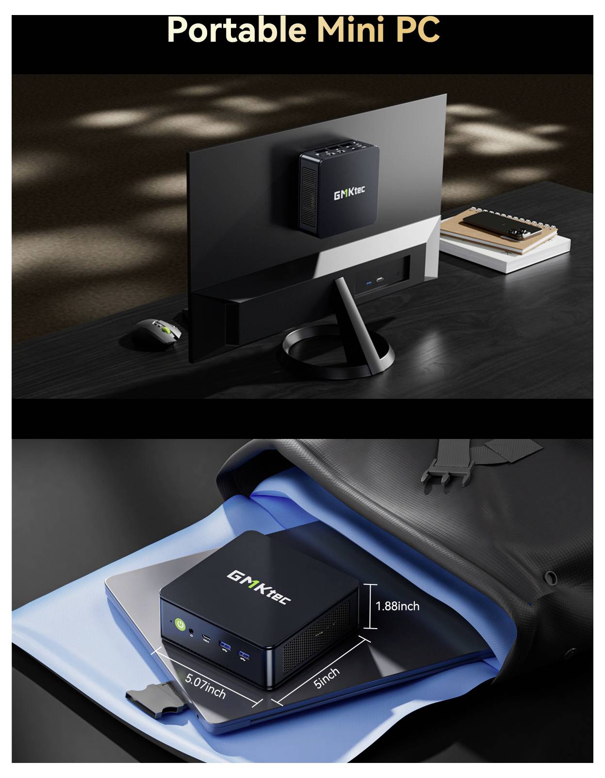 Werbebild eines tragbaren Mini-PCs, der auf der Rückseite eines Monitors angebracht und auf einem Schreibtisch aufgestellt ist, mit einer zweiten Ansicht, die seine kompakte Größe und Abmessungen hervorhebt.