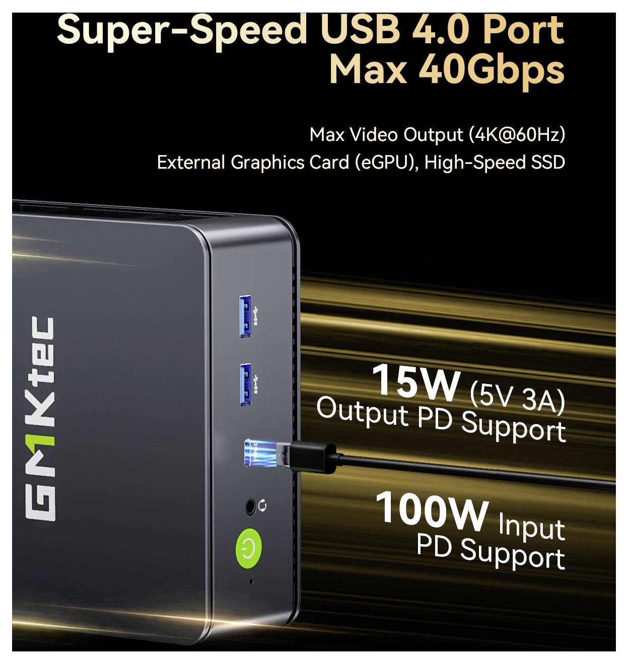 Produktpromotion mit einem GMKtec-Gerät mit Super-Speed USB 4.0-Anschluss, max. 40 Gbit/s, 4K@60Hz-Videoausgabe, eGPU-/SSD-Unterstützung, 15W-Ausgang und 100W-Eingangs-PD-Unterstützung.