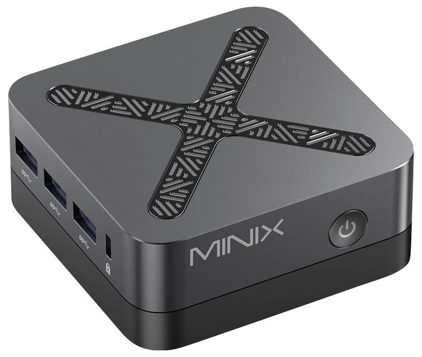 Kompakter MINIX Mini-PC in Dreiviertelperspektive gezeigt, mit USB-Anschlüssen auf der Vorderseite und einem Einschaltknopf auf der rechten Seite.