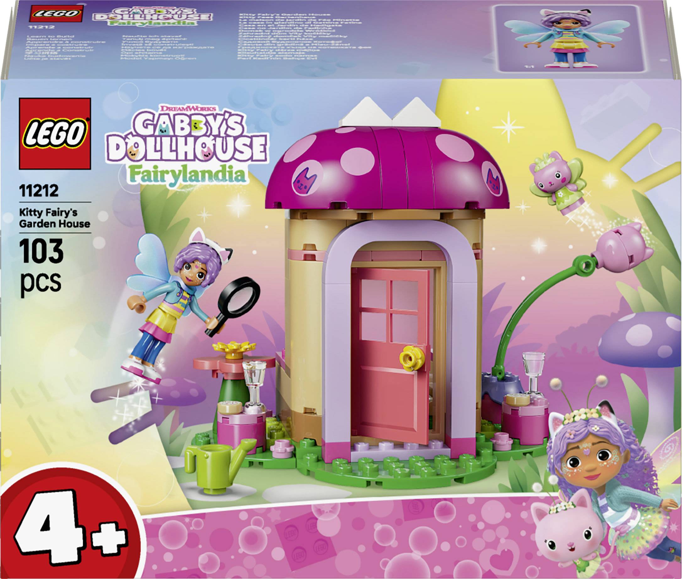 LEGO Gabby's Dollhouse Fairylandia Kitty Fairy's Garden House Set, 11212, 103 Teile, ab 4 Jahren, mit einem rosa Pilzdach-Gartenhaus und Kitty Fairy Figuren.