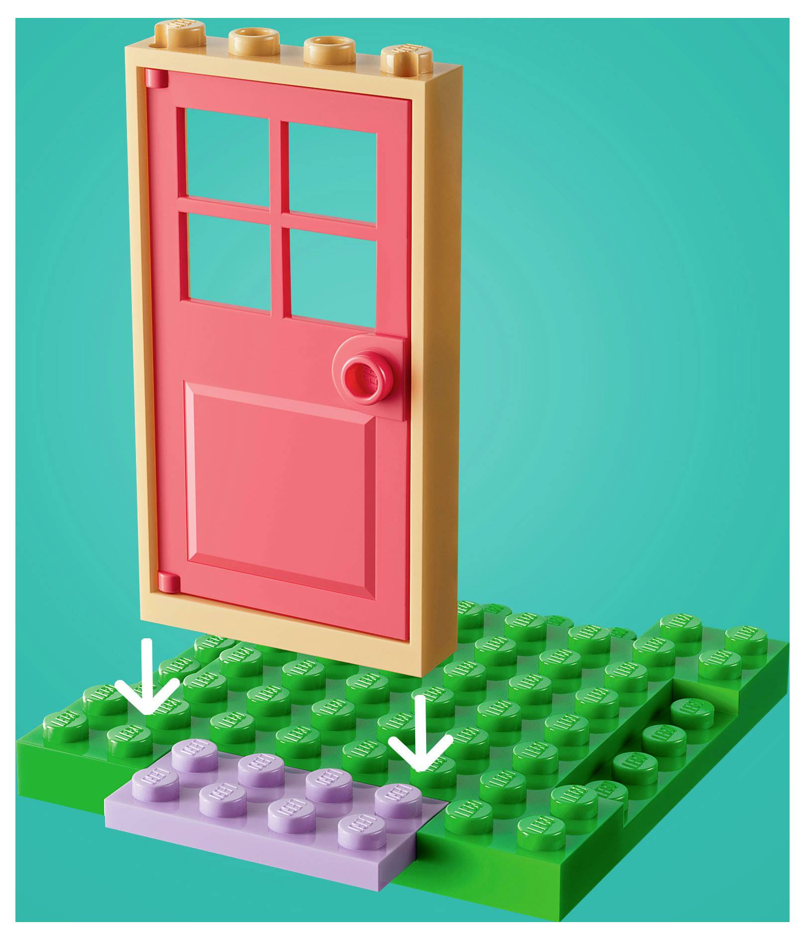 Rote Spielzeugtür auf einer LEGO-ähnlichen grünen Grundplatte mit einer kleinen lavendelfarbenen Plattform und weißen Pfeilen, die darauf hinweisen.