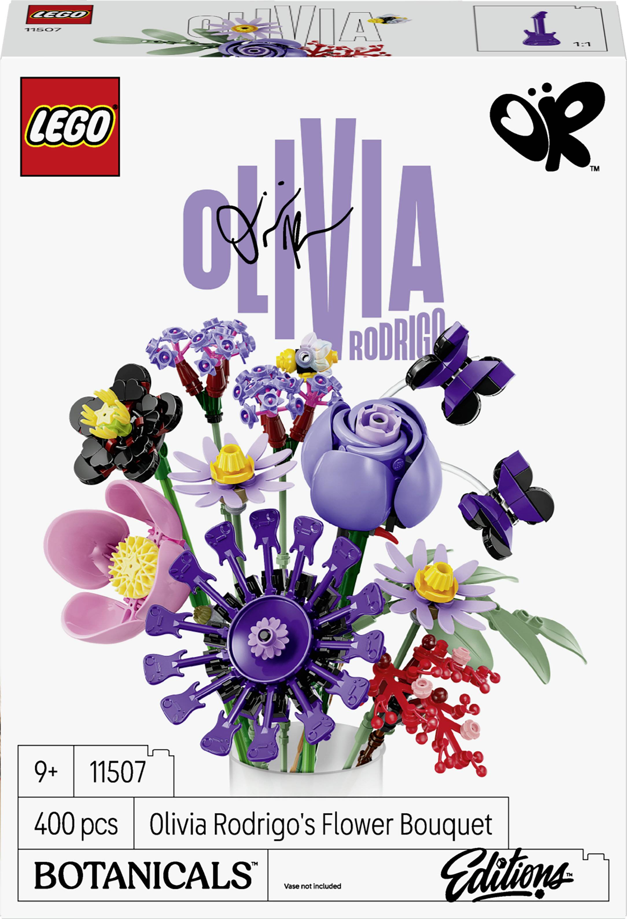 LEGO Botanicals Editions Olivia Rodrigo's Blumenstrauß-Set Schachtelbild, das eine violette Blumenanordnung und Alter 9+ 11507, 400 Teile zeigt.