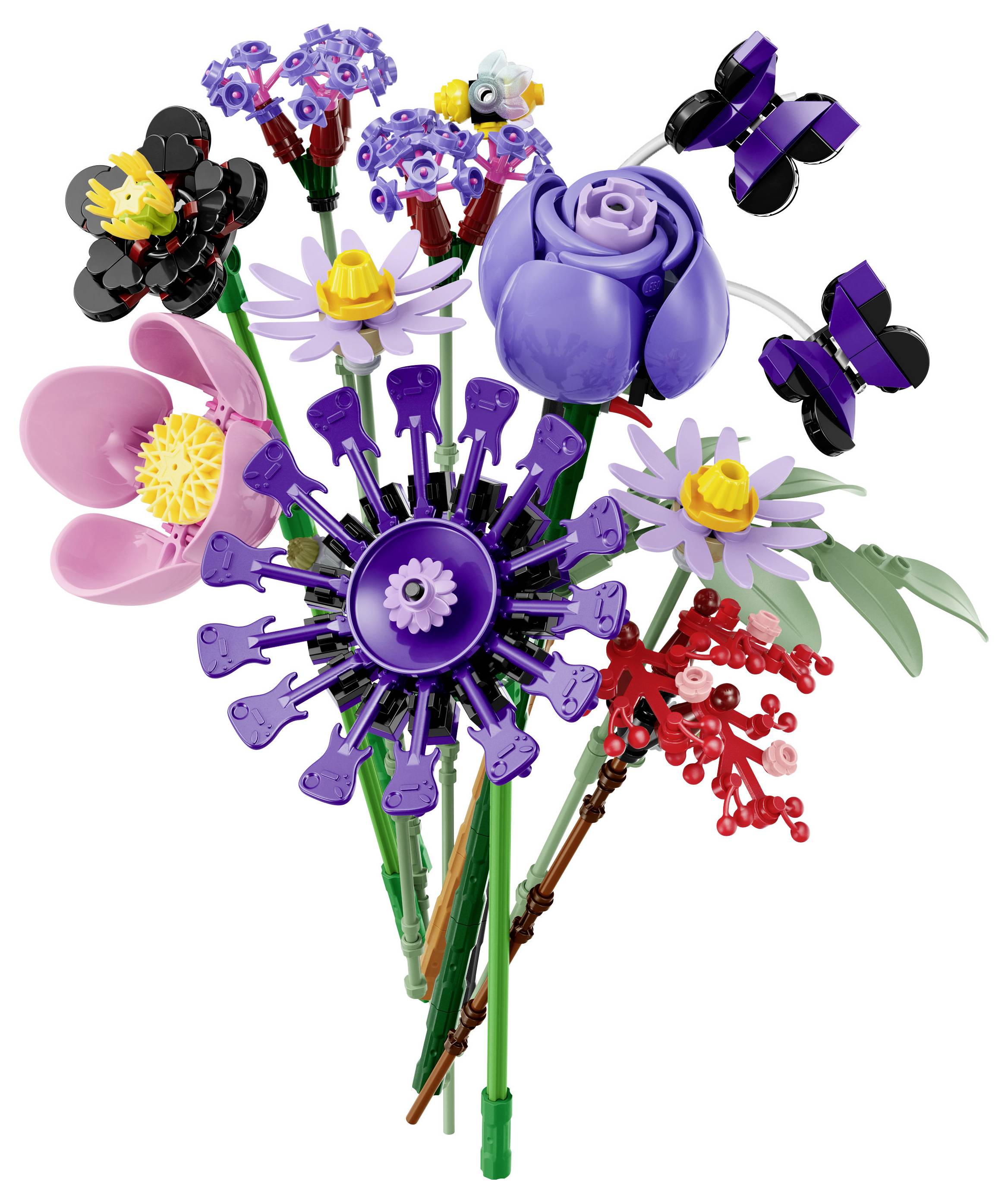 Ein Strauß aus bunten LEGO-ähnlichen Blumen auf grünen Stielen, mit einer großen violetten Rose, rosa und schwarzen Blüten und kleinen violetten Schmetterlingen auf weißem Hintergrund.