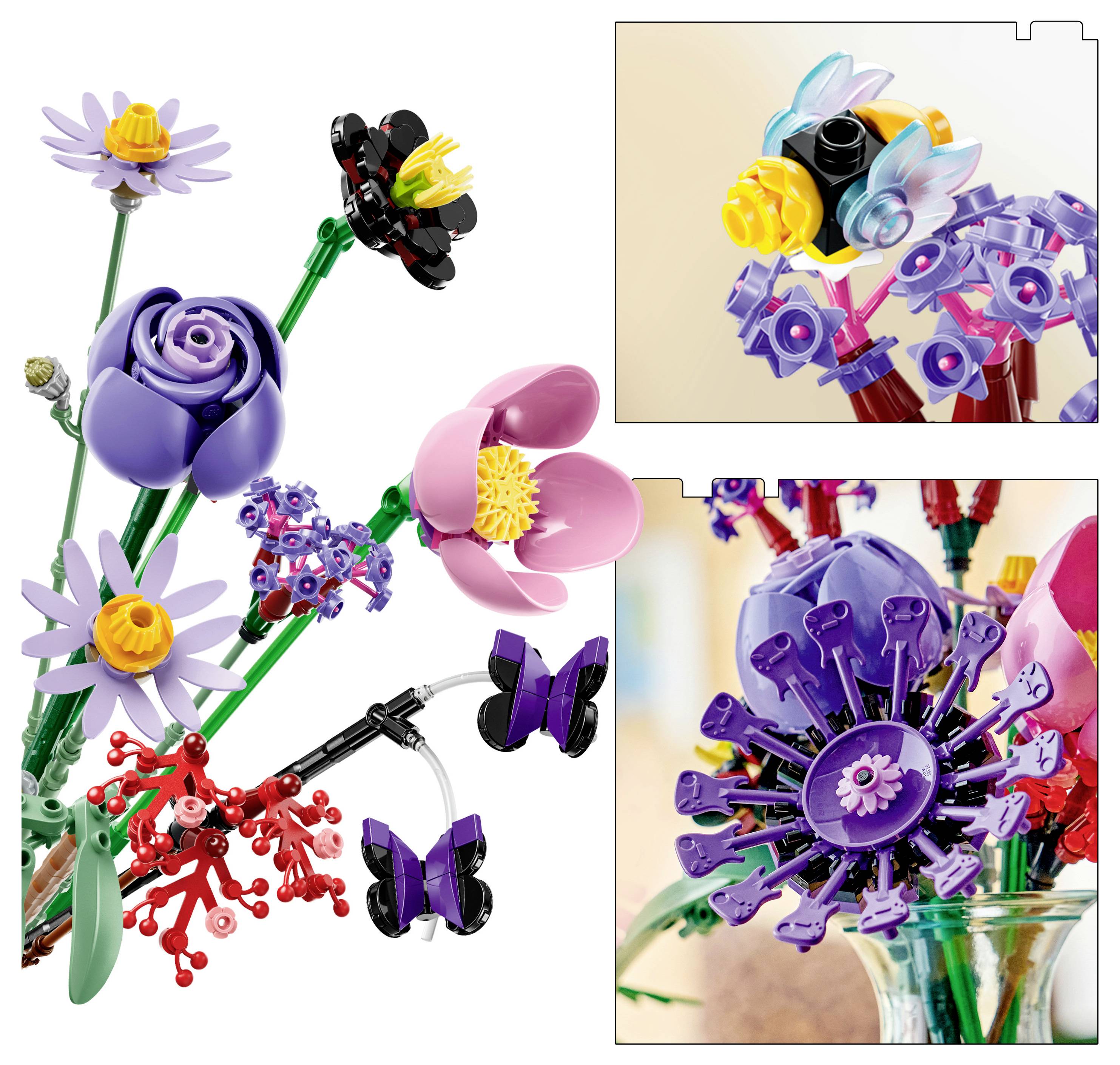 Bunter Strauß aus LEGO-Blumen und Schmetterlingen in einer Vase, gezeigt mit zwei Nahaufnahmen des Modells.