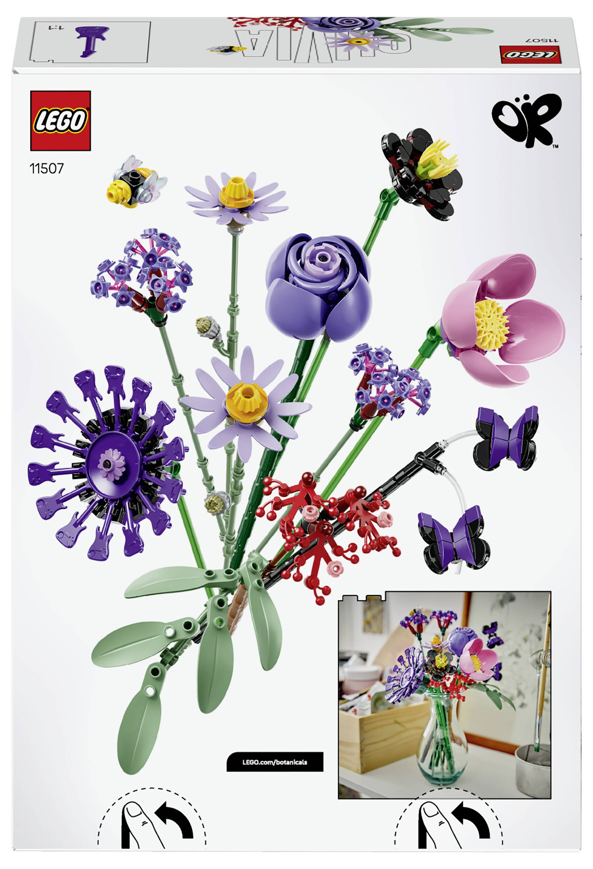 LEGO Icons Set 11507 Karton zeigt einen Strauß aus bunten Blöcken zum Selberbauen, mit einem kleinen Detailfoto der zusammengebauten Blumenkombination in einer Vase.