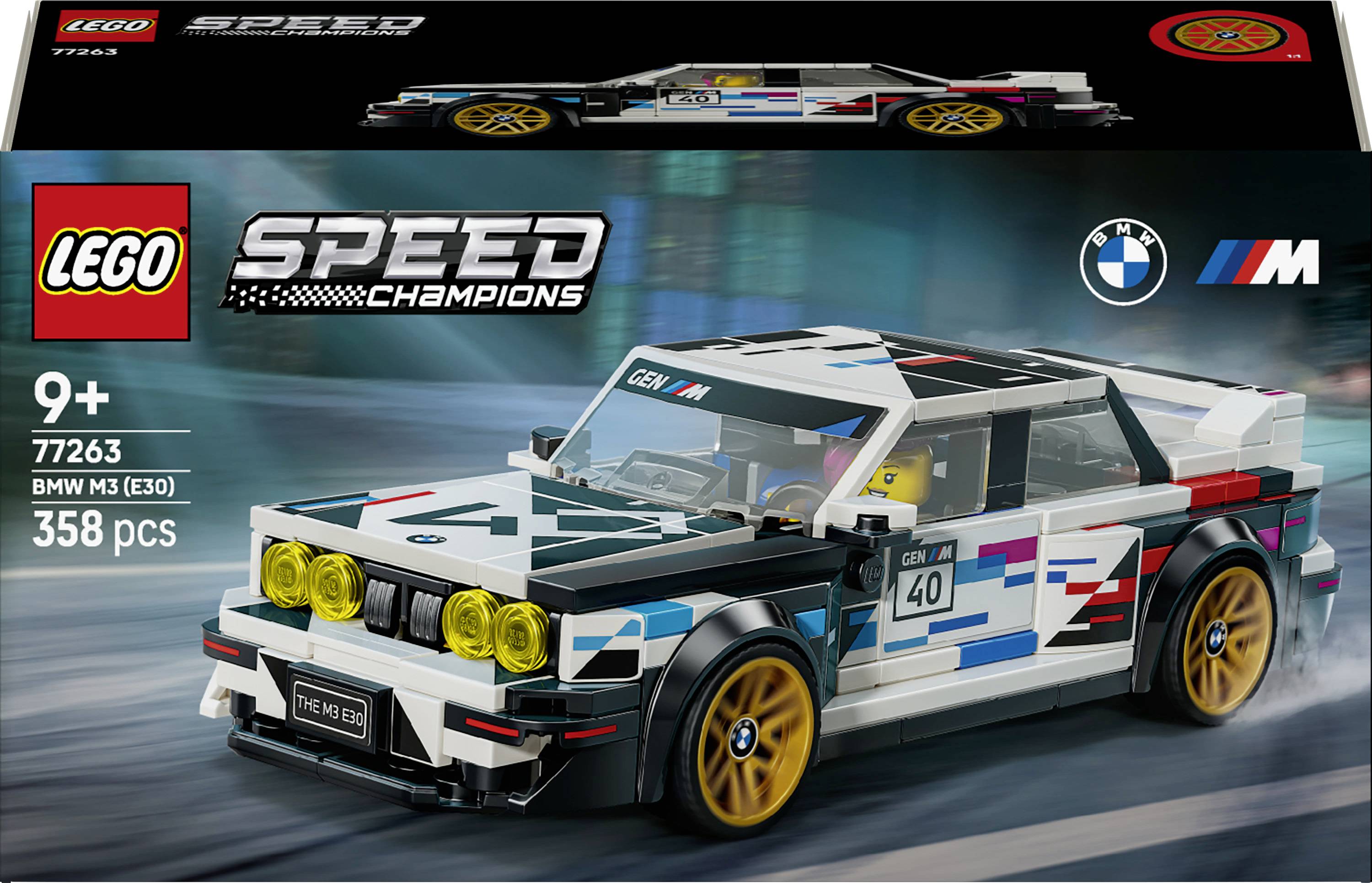 LEGO Speed Champions Schachtelkunst für ein BMW M3 E30 Set, das den weiß-schwarzen Rennwagen und die Bezeichnungen „9+