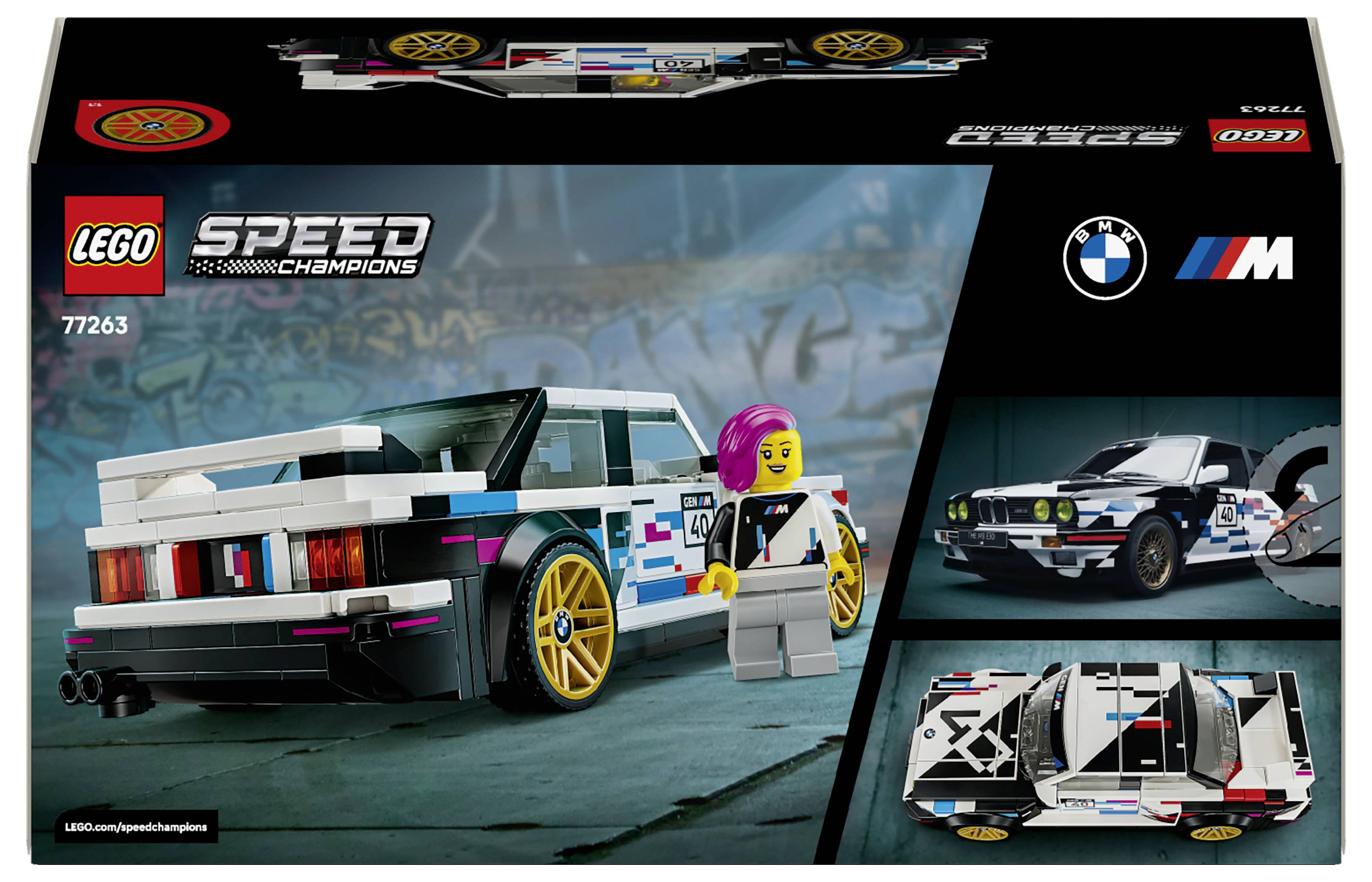 LEGO Speed Champions BMW M4 GT3 und M hybrid V8 Set-Schachtelillustration mit einem weißen Rennwagen, einer Minifigur-Fahrerin und zwei Modellautobildern auf der rechten Seite.