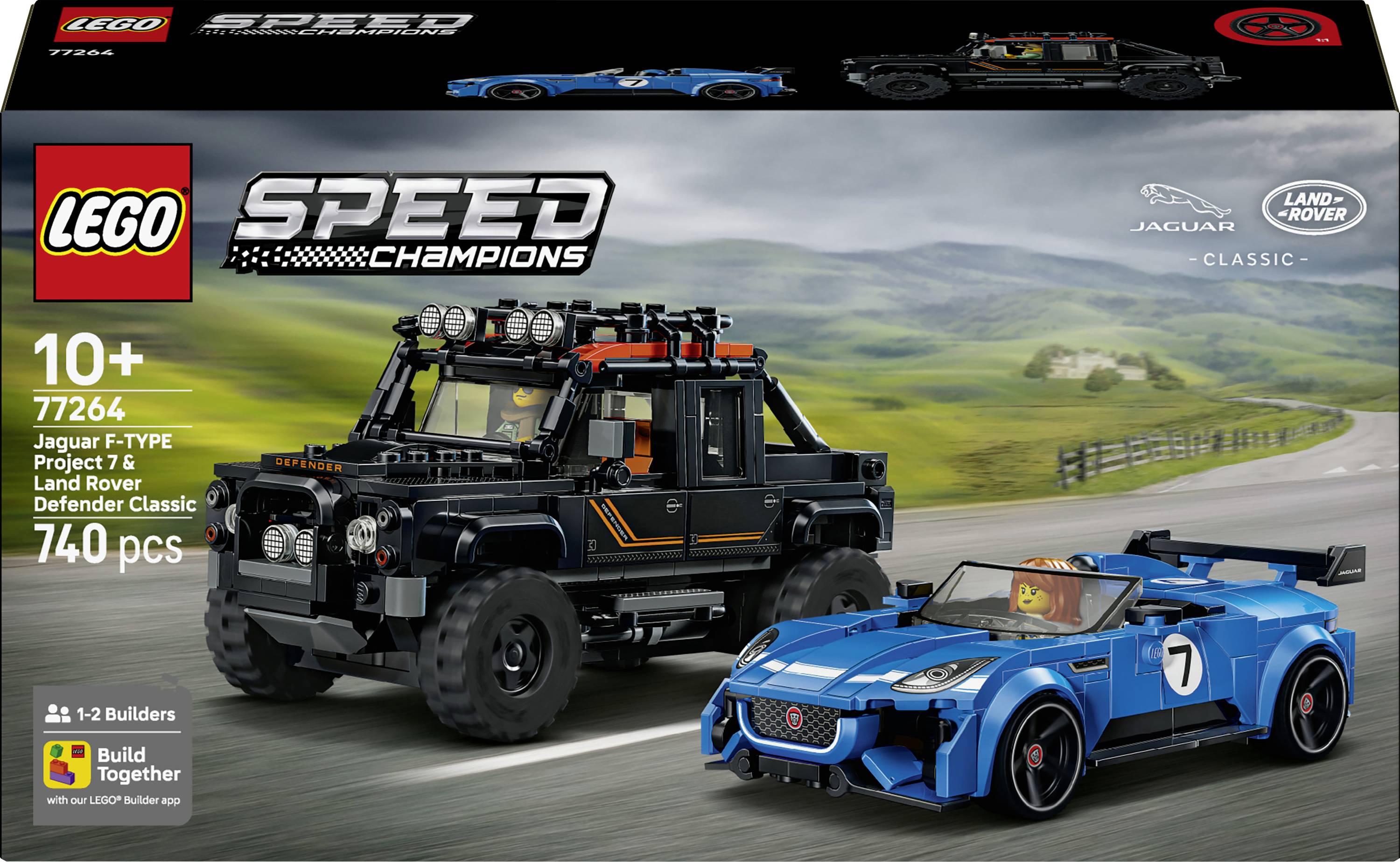 LEGO Speed Champions Jaguar I-Type 7 und Land Rover Classic Defender 90 Verpackungskunst, das ein blaues Rennfahrzeug und schwarzes Geländefahrzeug zeigt, 740 Teile, ab 10 Jahren