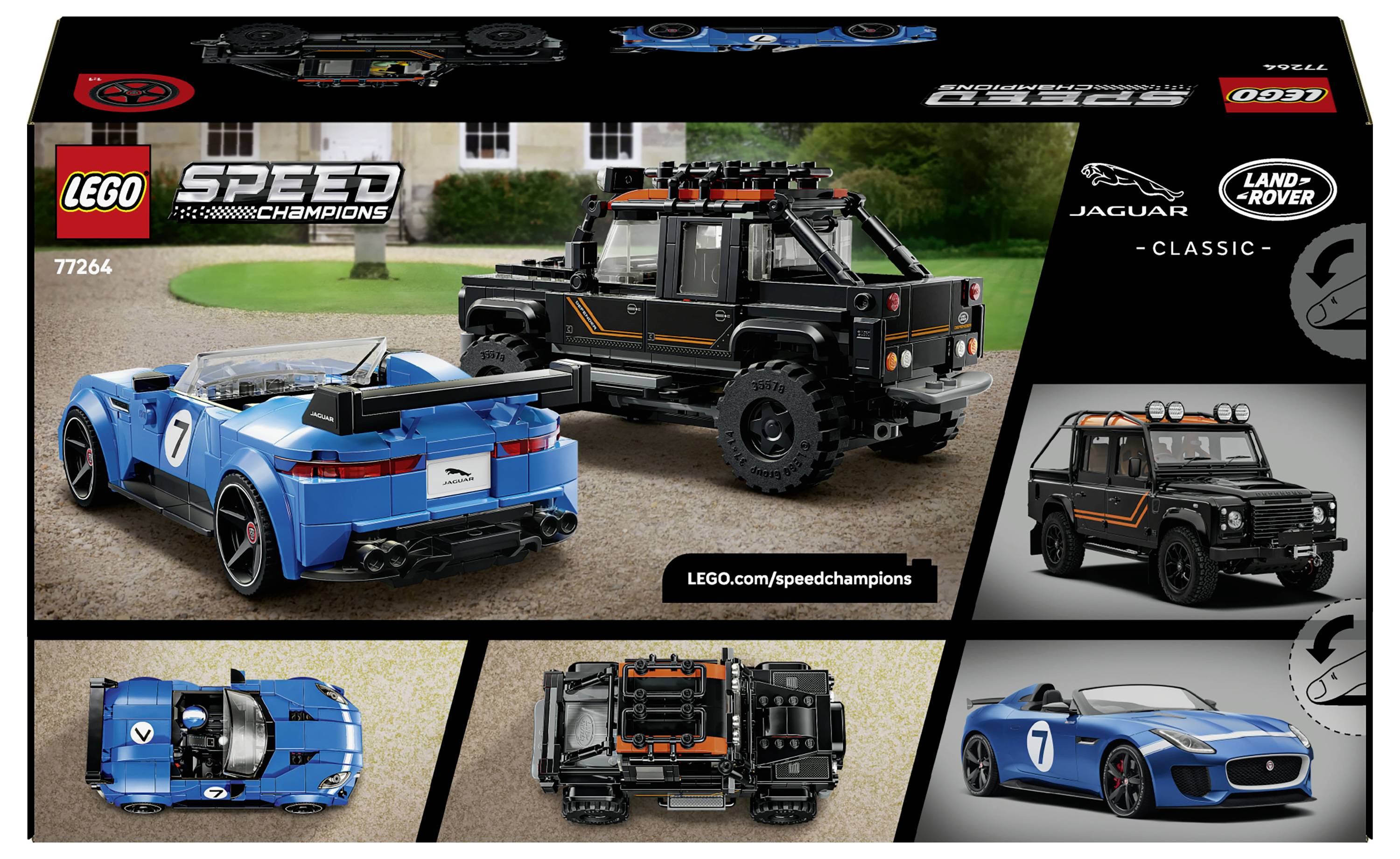 LEGO Speed Champions Jaguar Land Rover Classic Set 77264, zeigt einen blauen Sportwagen und einen schwarzen Geländewagen mit mehreren Ansichtswinkeln und LEGO-Branding.