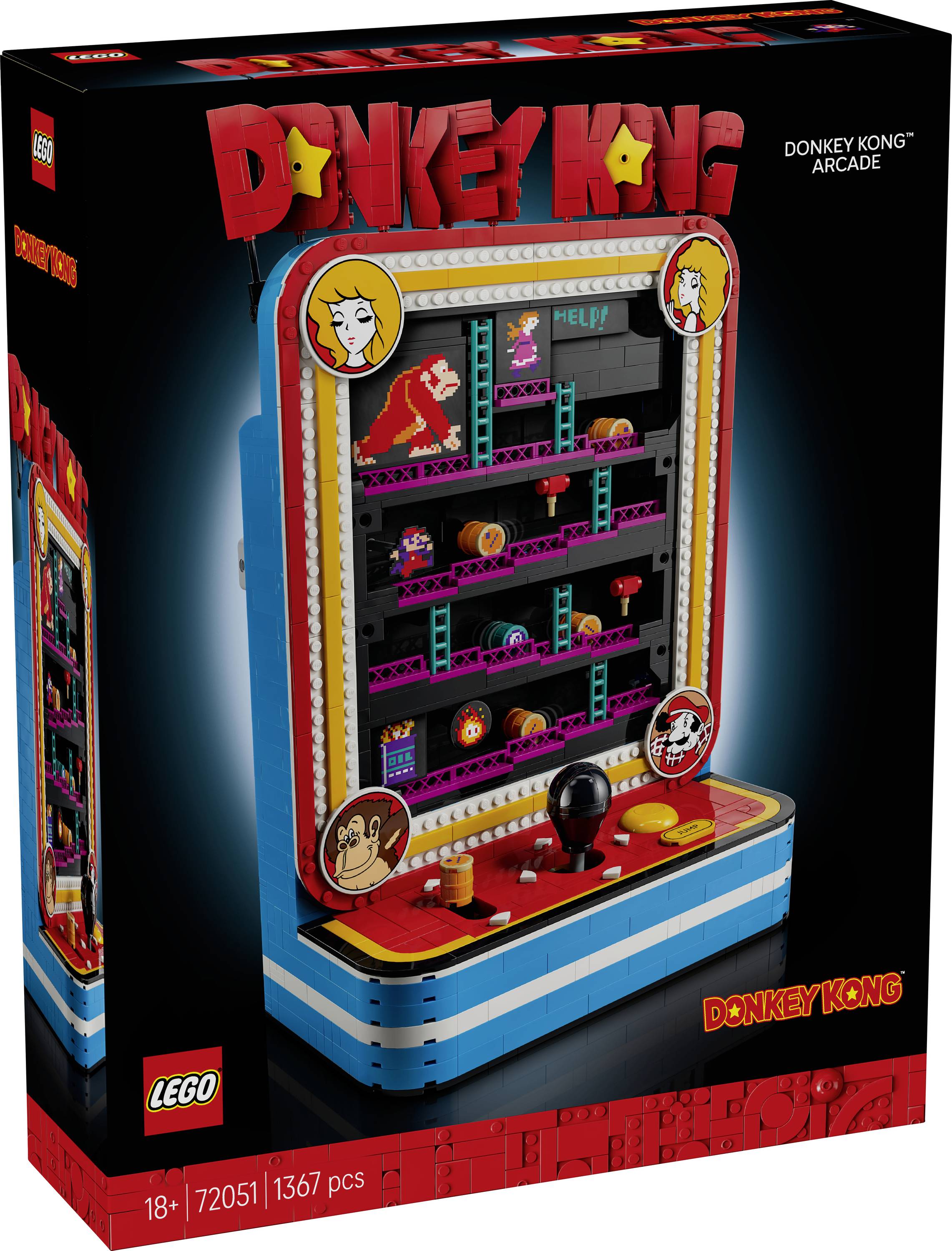 Schachtelkunst für LEGO Icons Donkey Kong Arcade-Set, das ein aus Steinen gebautes Arcade-Automat mit Donkey Kong-Szene und Figuren zeigt; 18+, Set 72051, 1367 Teile.