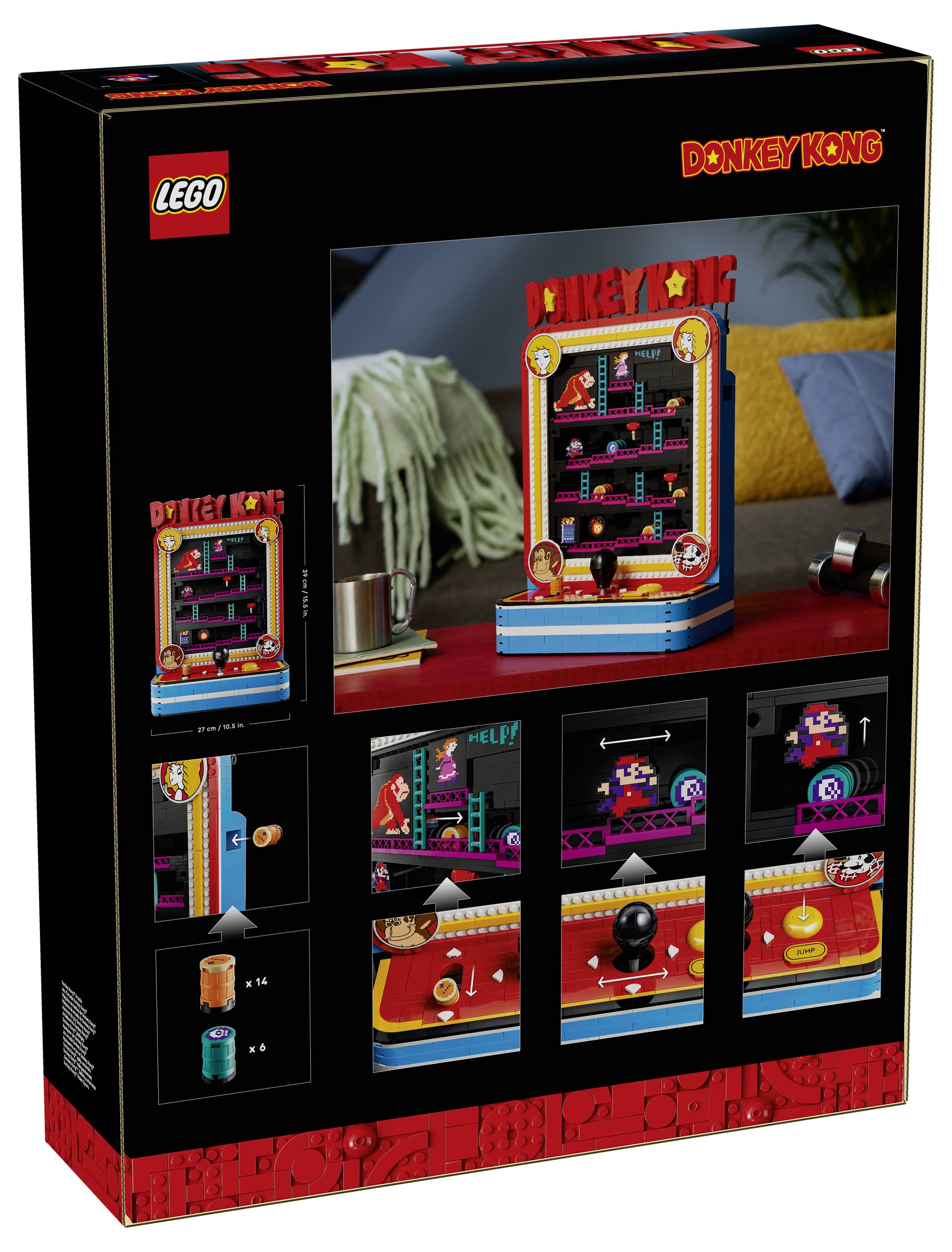 LEGO Donkey Kong Arcade-Set-Box mit einem baubaren Retro-Spielautomaten und kleinen Figuren, mit eingefügten Bildern von Funktionen und enthaltenen Teilen.
